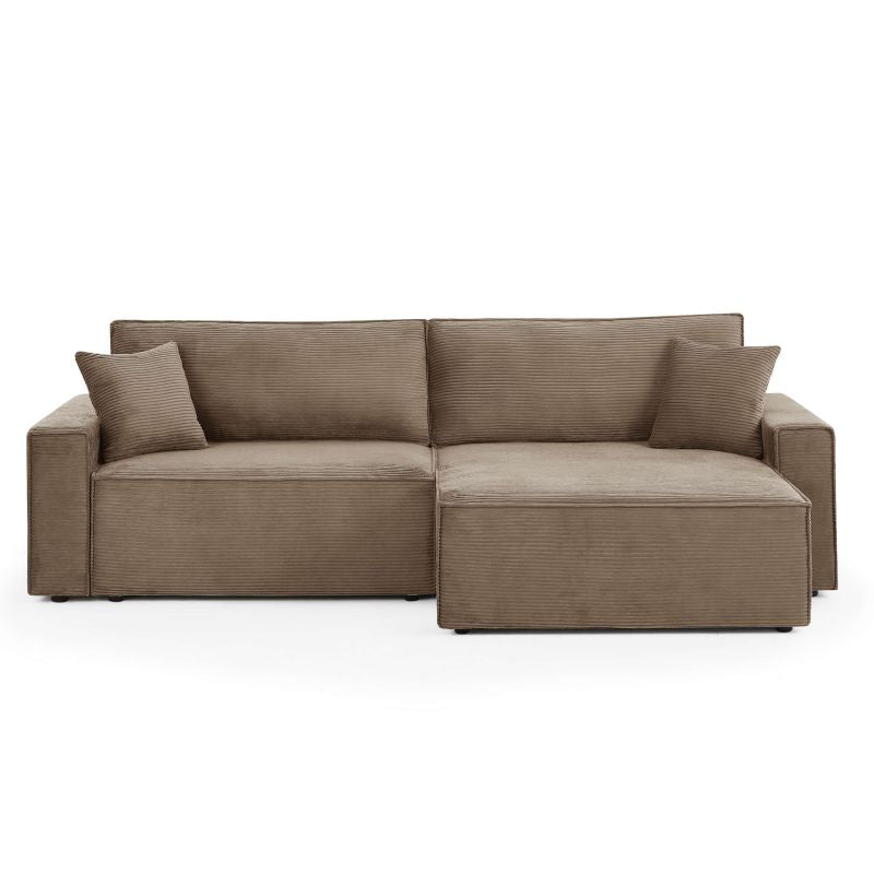 Canapé d'angle convertible 4 places velours côtelé taupe, design contemporain réversible