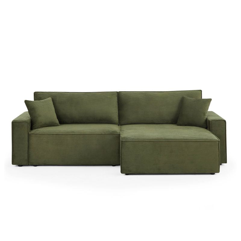 Canapé d'angle convertible 4 places velours côtelé vert, style contemporain réversible
