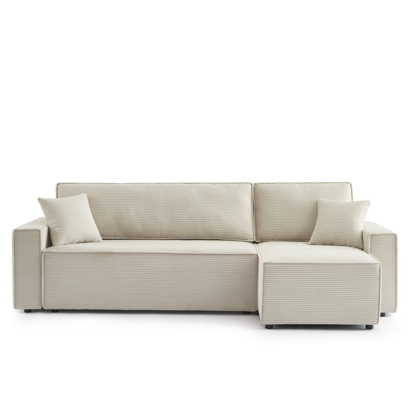 Canapé d'angle convertible 4 places en velours côtelé beige, style contemporain élégant