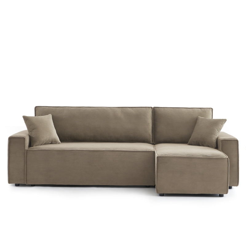 Canapé d'angle convertible 4 places en velours côtelé taupe, design élégant pour salon moderne