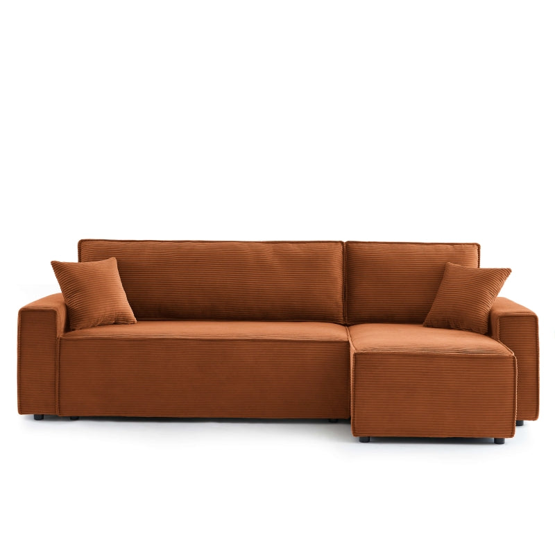 Canapé d'angle convertible 4 places velours côtelé terracotta, style cosy salon moderne