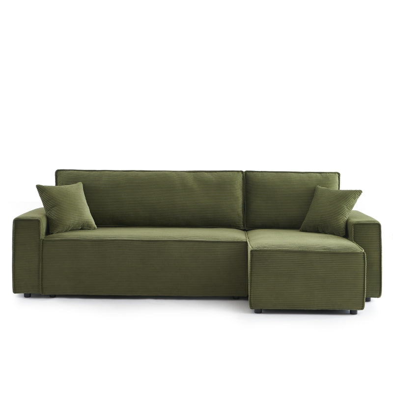 Canapé d'angle convertible 4 places velours côtelé vert, design élégant pour salon moderne