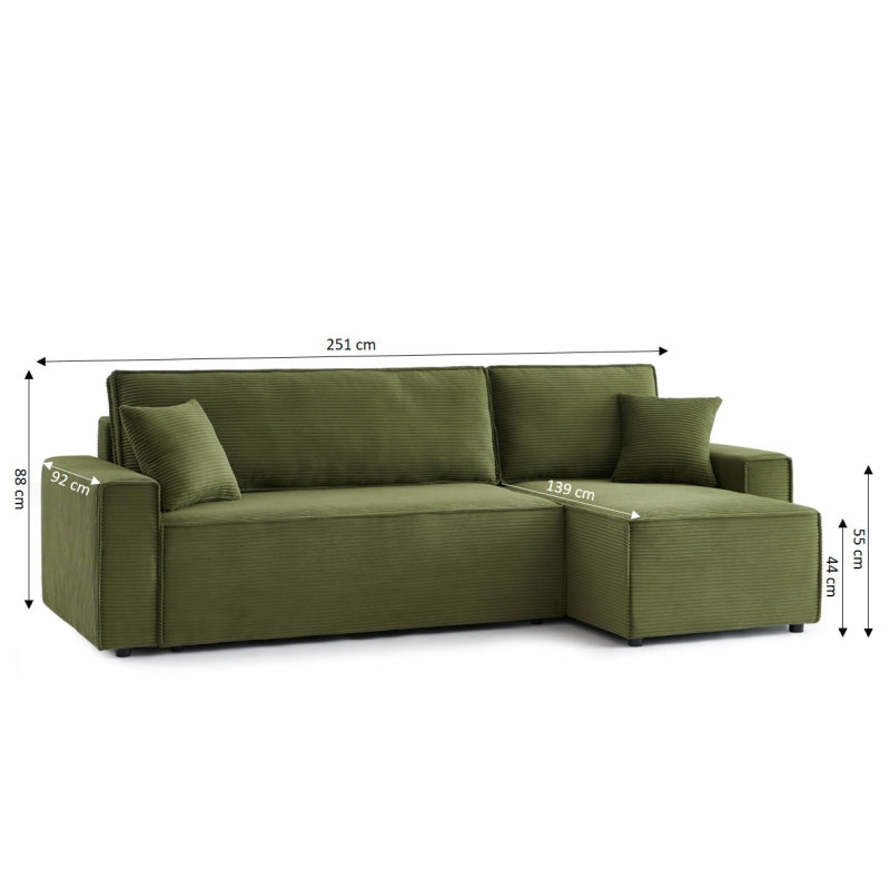 Canapé d'angle convertible et réversible 4 places ZOLA velours côtelé vert
