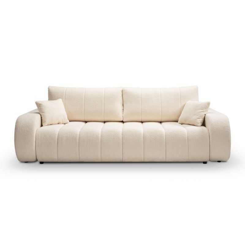 Canapé droit convertible 3 places tissu bouclette écru, lignes sobres pour salon contemporain