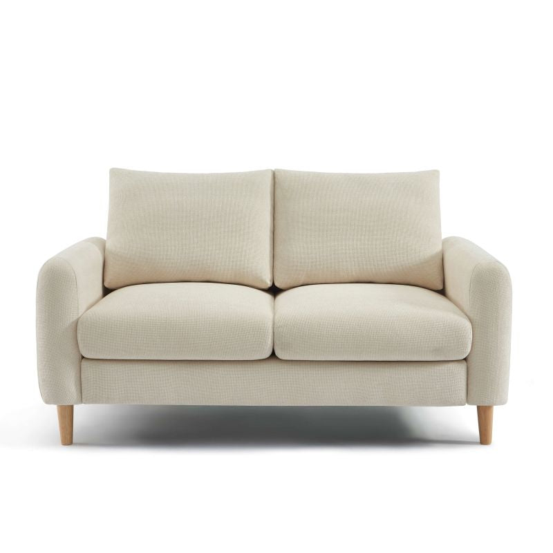 Canapé droit 2 places CALIBA tissu chenille beige, structure bois eucalyptus