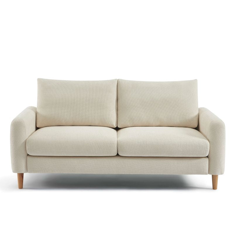 Canapé droit 3 places CALIBA tissu chenille beige, structure bois eucalyptus