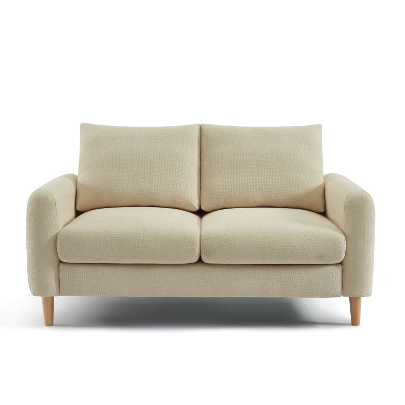 Canapé droit 2 places CALIBA tissu chenille taupe, structure bois eucalyptus