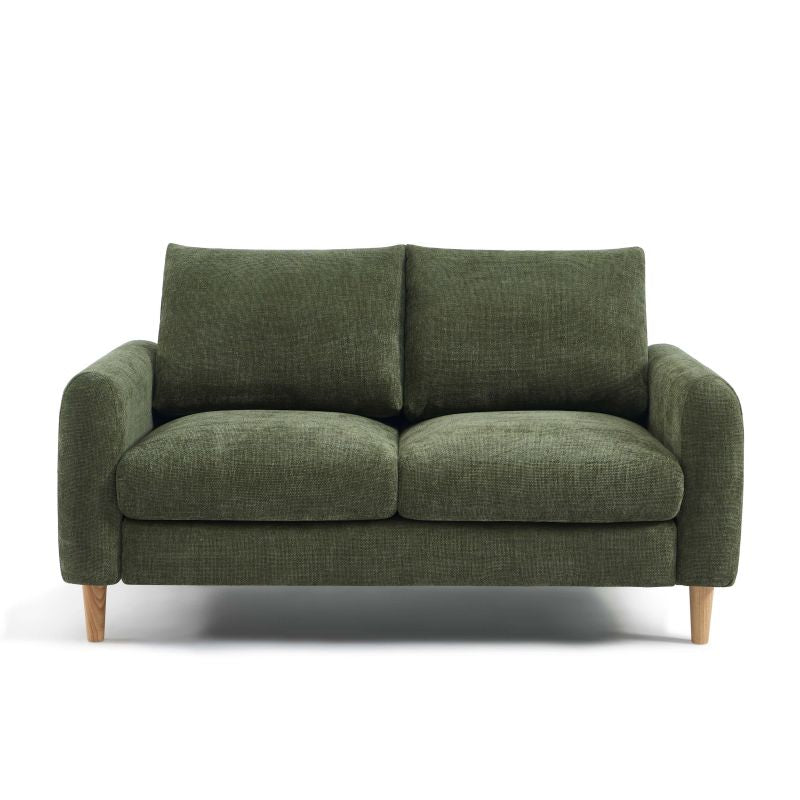 Canapé droit 2 places CALIBA tissu chenille vert, structure bois eucalyptus