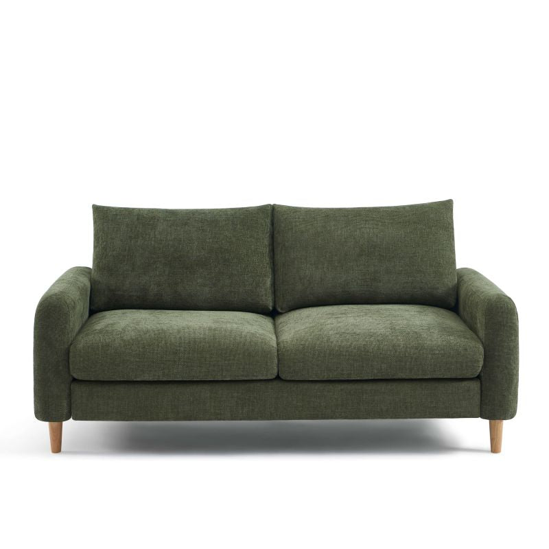 Canapé droit 3 places CALIBA en tissu chenille vert, structure bois robuste