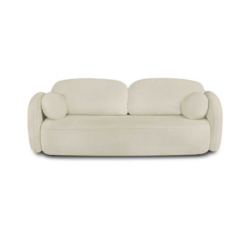 Canapé convertible 3 places tissu bouclette grège, formes arrondies pour salon contemporain
