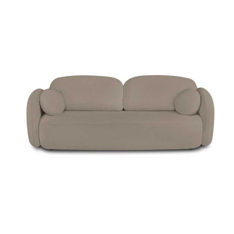 Canapé convertible 3 places tissu bouclette taupe, formes arrondies, salon contemporain