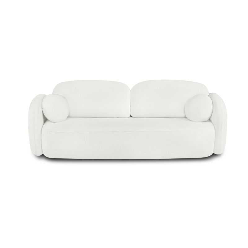Canapé convertible 3 places tissu chenille écru, formes arrondies, salon contemporain