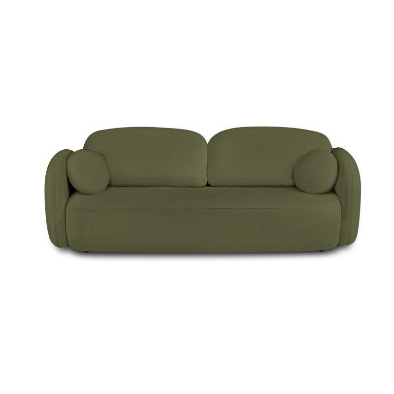 Canapé convertible 3 places tissu chenille vert kaki, formes arrondies pour salon contemporain