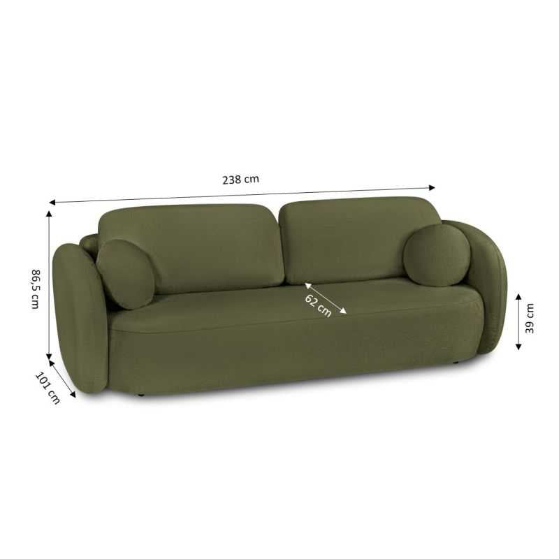 Canapé droit convertible CARLOTTA 3 places tissu chenille vert kaki
