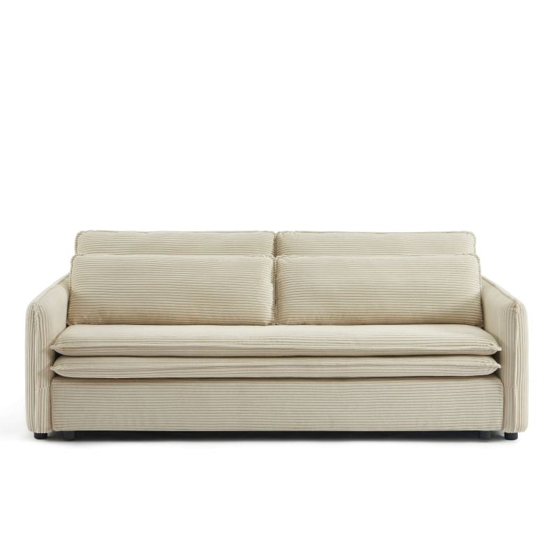 Canapé droit convertible 3 places en velours côtelé beige, structure bois, salon contemporain