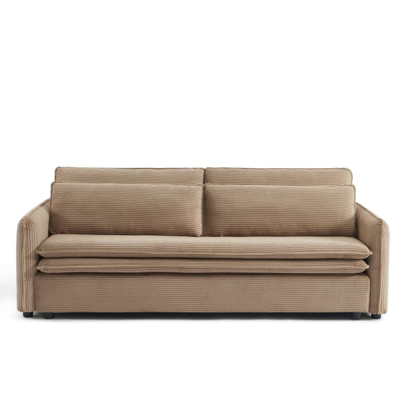 Canapé convertible 3 places velours côtelé taupe, structure bois, design contemporain