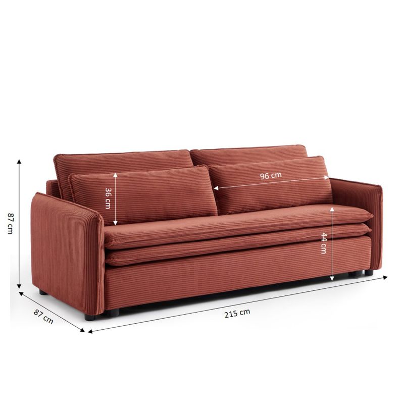 Canapé droit convertible CIBOLA 3 places velours côtelé terracotta