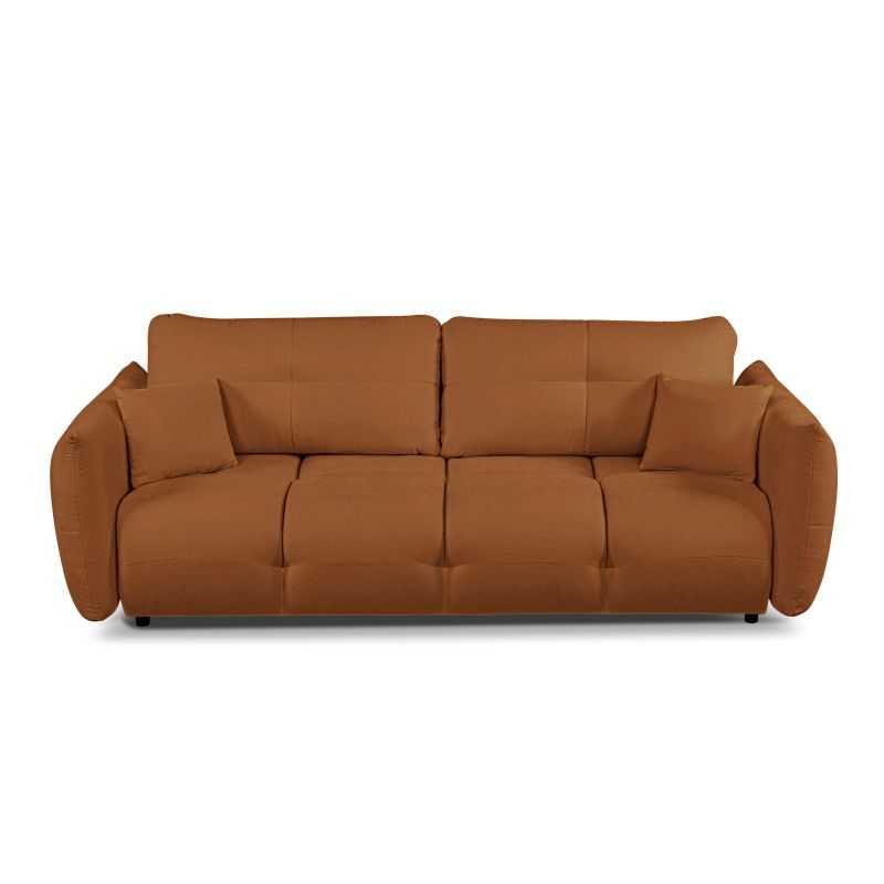 Canapé droit convertible 3 places COMO en tissu chenille cognac, assise moelleuse