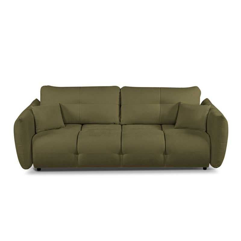 Canapé droit convertible 3 places tissu chenille vert kaki, design généreux et confortable
