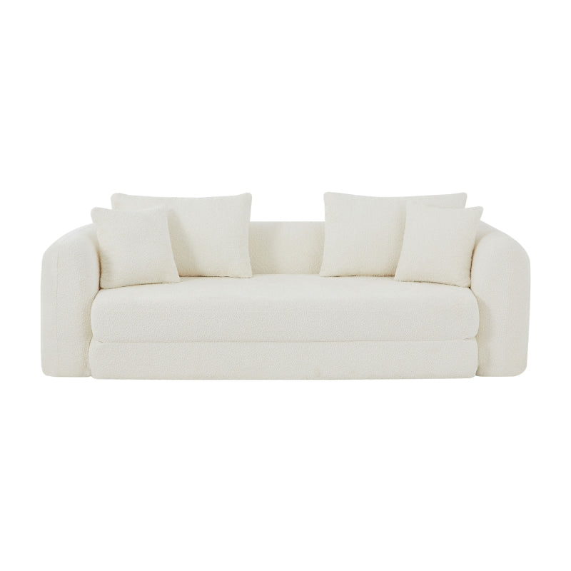 Canapé convertible 3 places tissu bouclette beige, design contemporain confortable