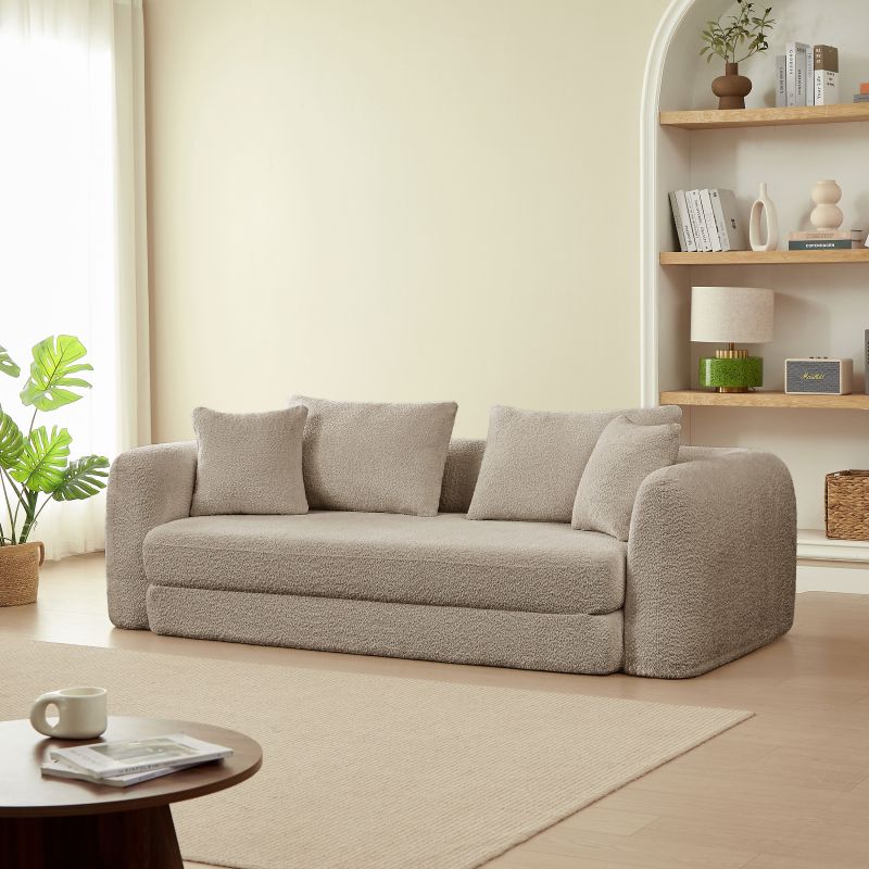 Canapé droit compressé convertible MORPHEO 3 places tissu bouclette taupe
