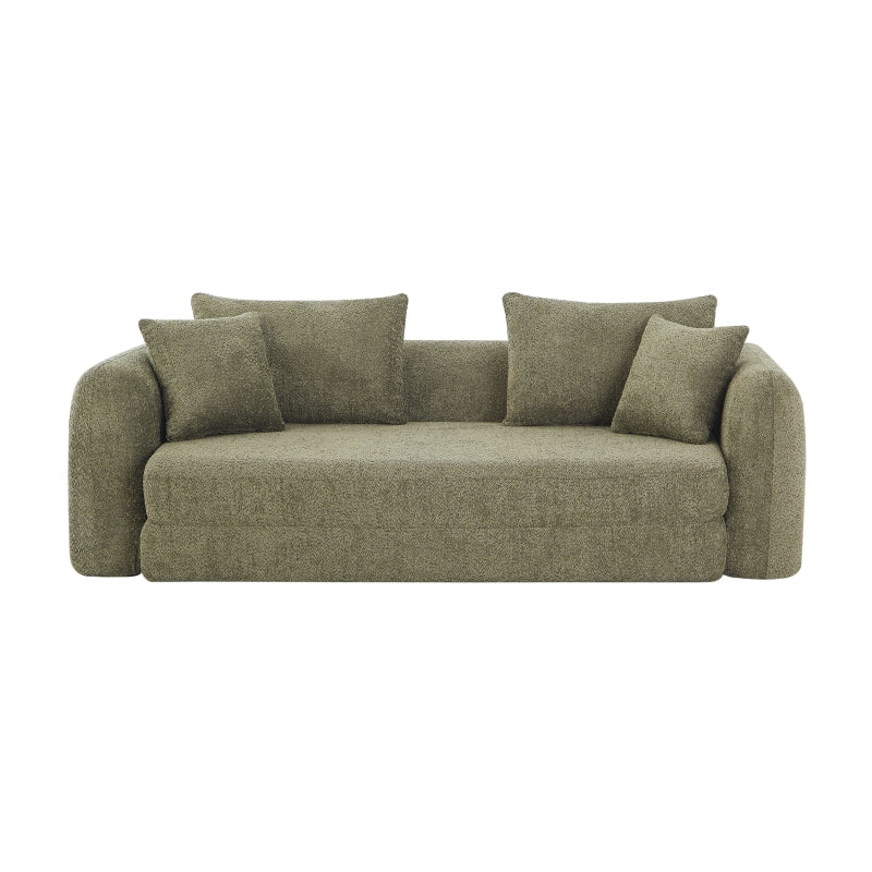 Canapé convertible 3 places tissu bouclette vert, style contemporain cosy