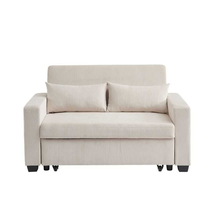 Canapé droit convertible 2 places en velours côtelé beige, style épuré salon moderne
