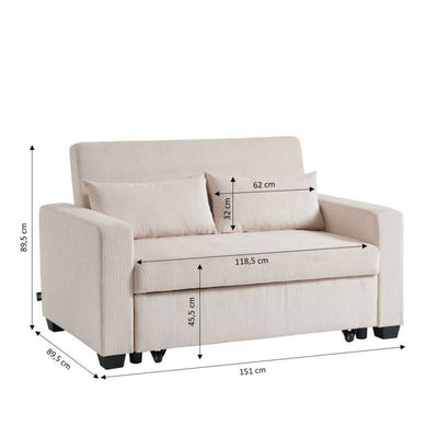 Canapé droit EVA convertible velours côtelé beige 2 places