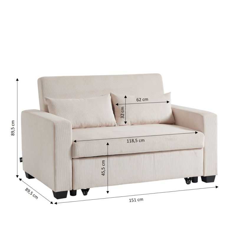 Canapé droit EVA convertible velours côtelé beige 2 places