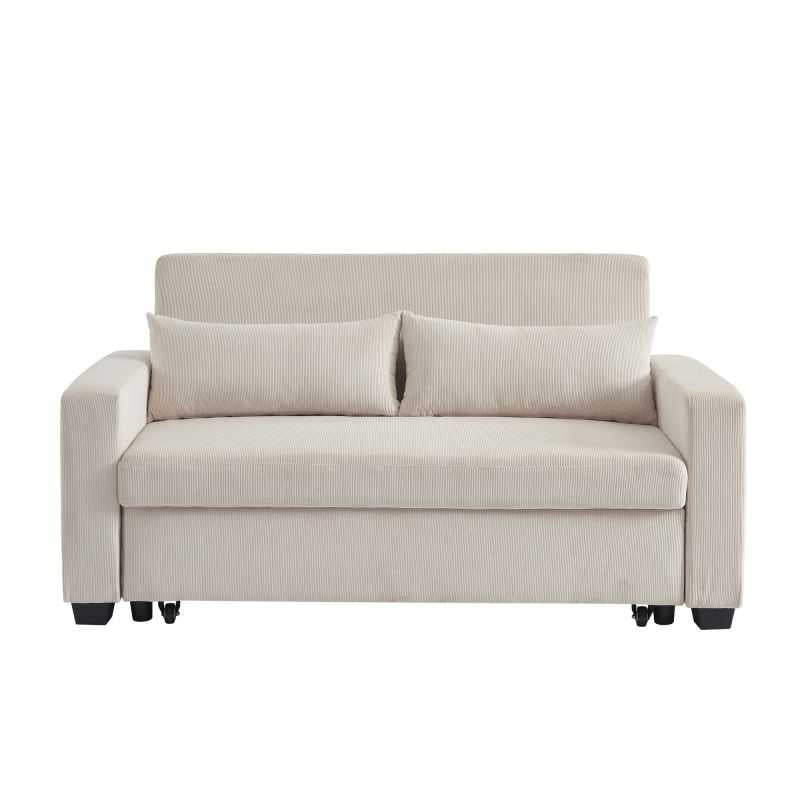 Canapé droit convertible 3 places EVA en velours côtelé beige, style épuré salon