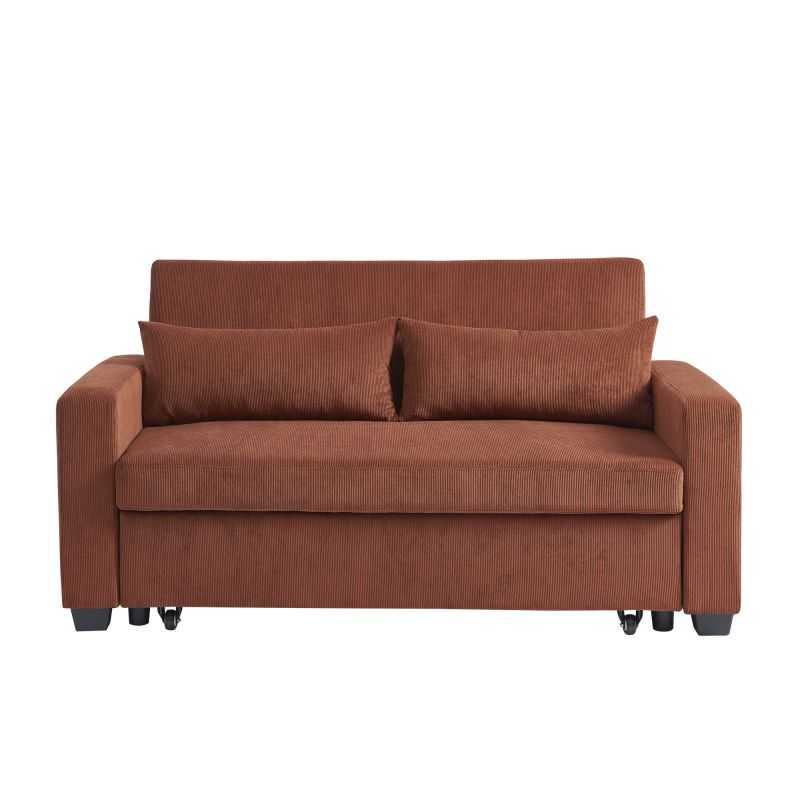Canapé droit convertible 3 places velours côtelé terracotta, style épuré salon moderne