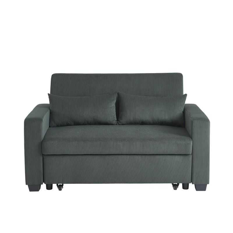 Canapé droit convertible 2 places velours côtelé vert, style épuré pour salon moderne