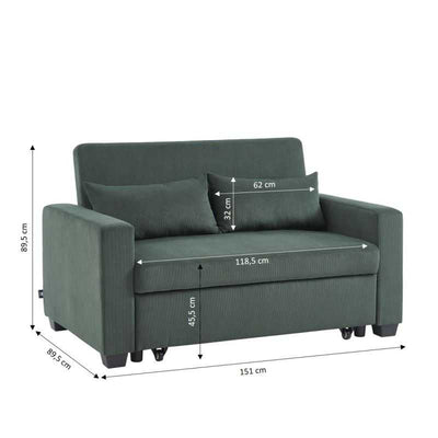 Canapé droit EVA convertible velours côtelé vert 2 places