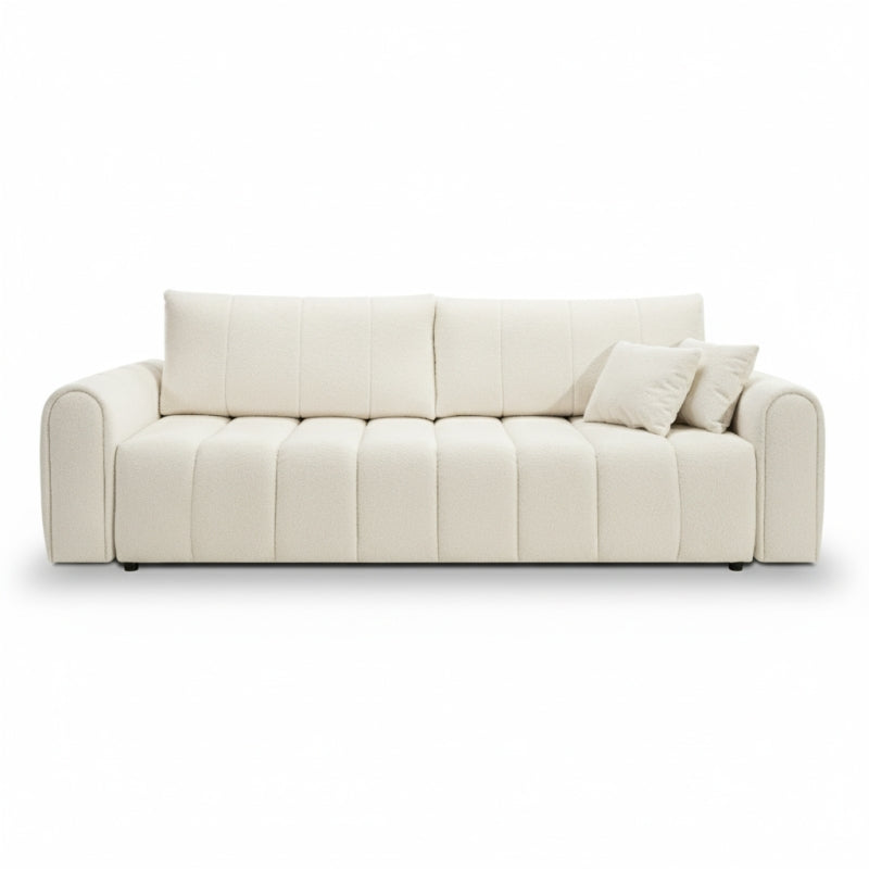 Canapé convertible 3 places tissu bouclette grège, assises profondes pour salon contemporain