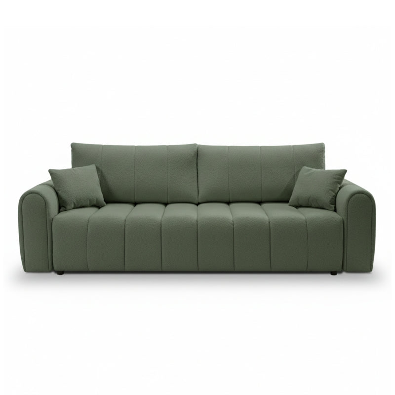 Canapé convertible 3 places tissu bouclette vert kaki, assise profonde et confortable