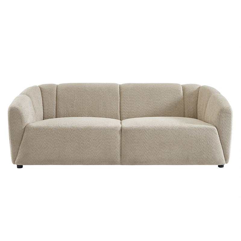 Canapé droit 3 places tissu bouclette beige, structure bois robuste, style cosy contemporain