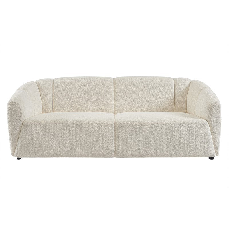 Canapé droit 3 places tissu bouclette blanc, structure bois, confort cosy salon contemporain