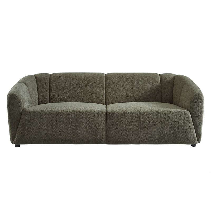 Canapé droit 3 places tissu bouclette vert, structure bois, assise confortable salon moderne