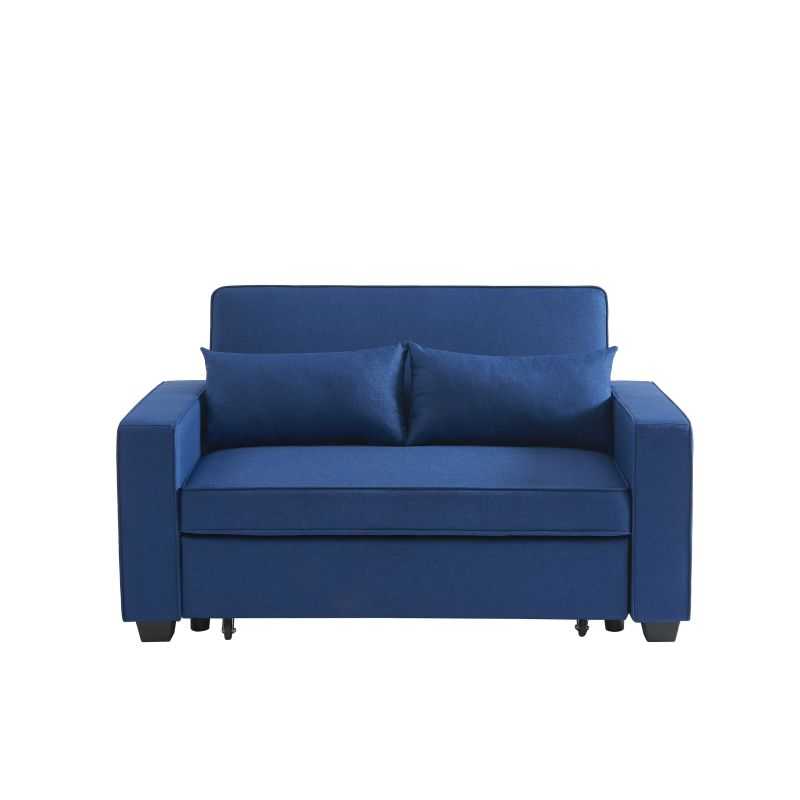 Canapé droit convertible 2 places tissu bleu, style contemporain épuré