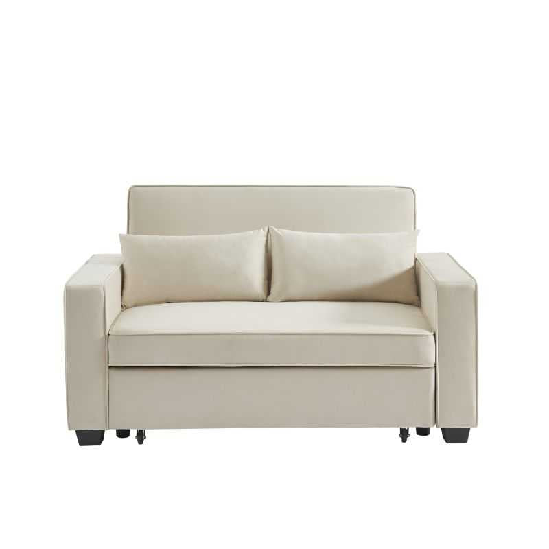 Canapé droit convertible 2 places velours beige, style contemporain épuré