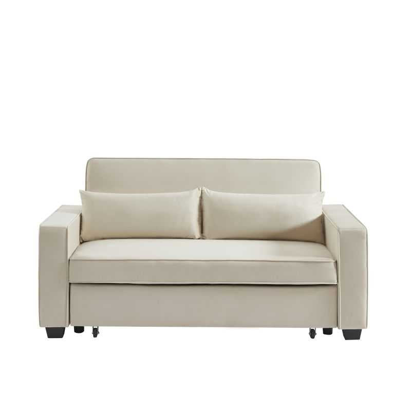 Canapé droit convertible 3 places velours beige, style contemporain épuré