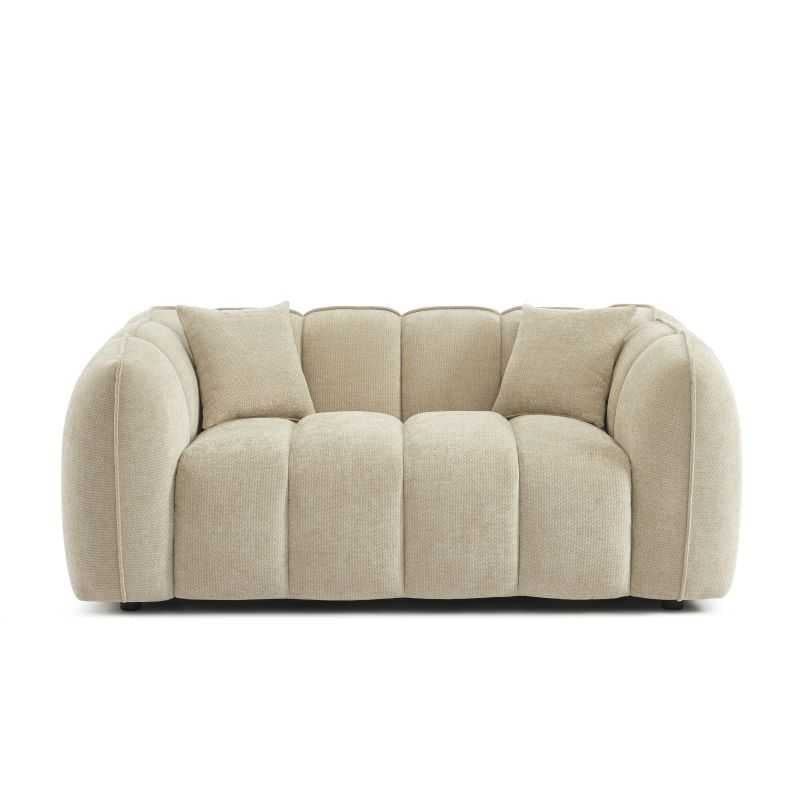 Canapé droit 2 places MATILDA tissu chenille beige, formes arrondies style contemporain
