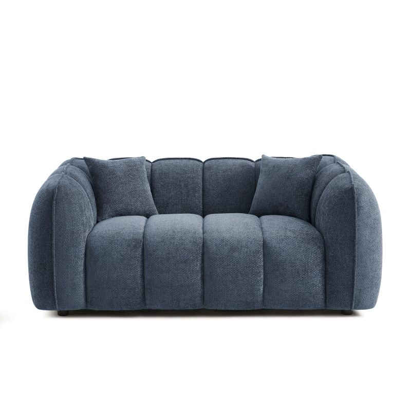 Canapé droit 2 places MATILDA tissu chenille bleu, formes arrondies style contemporain