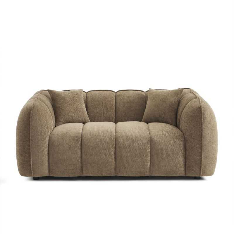 Canapé droit 2 places MATILDA tissu chenille marron, formes arrondies style contemporain