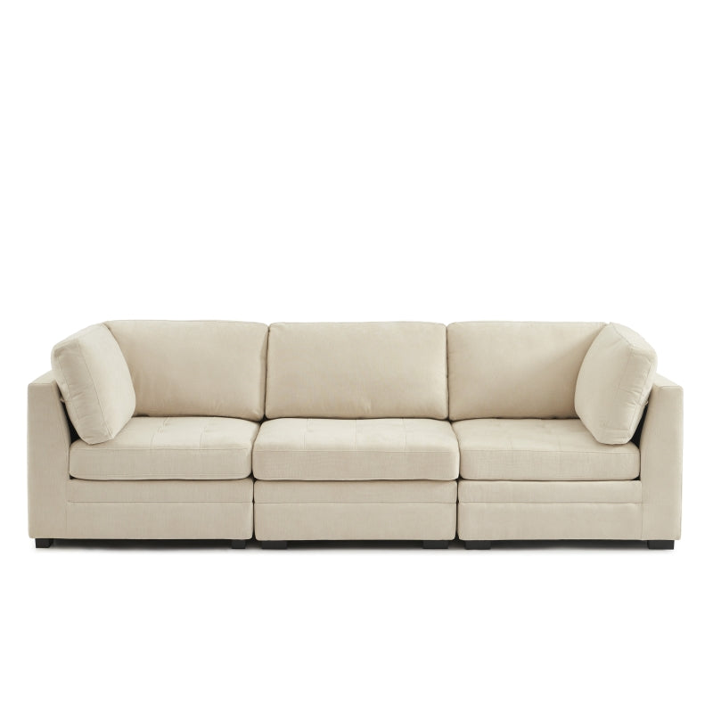 Canapé modulable 3 pièces tissu chenille beige, deux chauffeuses d'angle et une droite