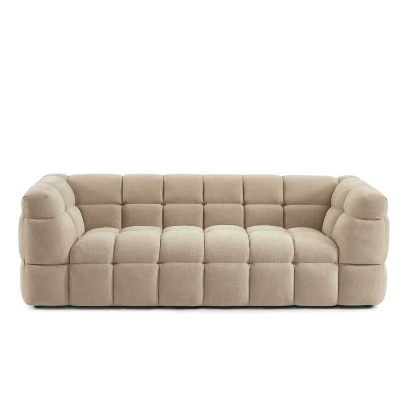 Canapé droit 3 places tissu lin beige, style épuré et forme basse pour salon contemporain