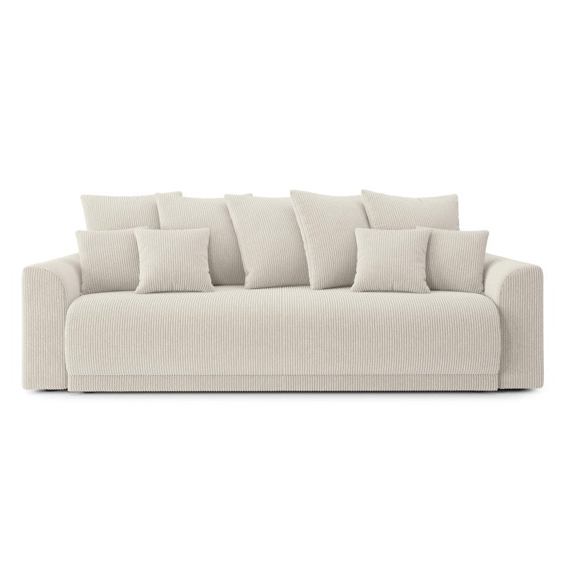 Canapé convertible 3 places velours côtelé beige, formes arrondies et accoudoirs demi-lune