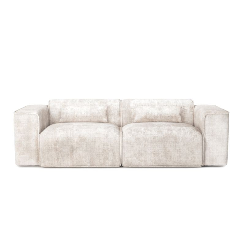 Canapé droit fixe 3 places tissu beige, assise large et confortable pour salon moderne