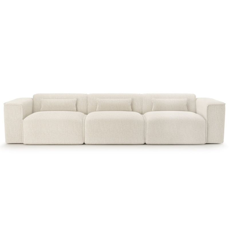 Canapé droit fixe 4/5 places en velours côtelé beige, assise large et confortable