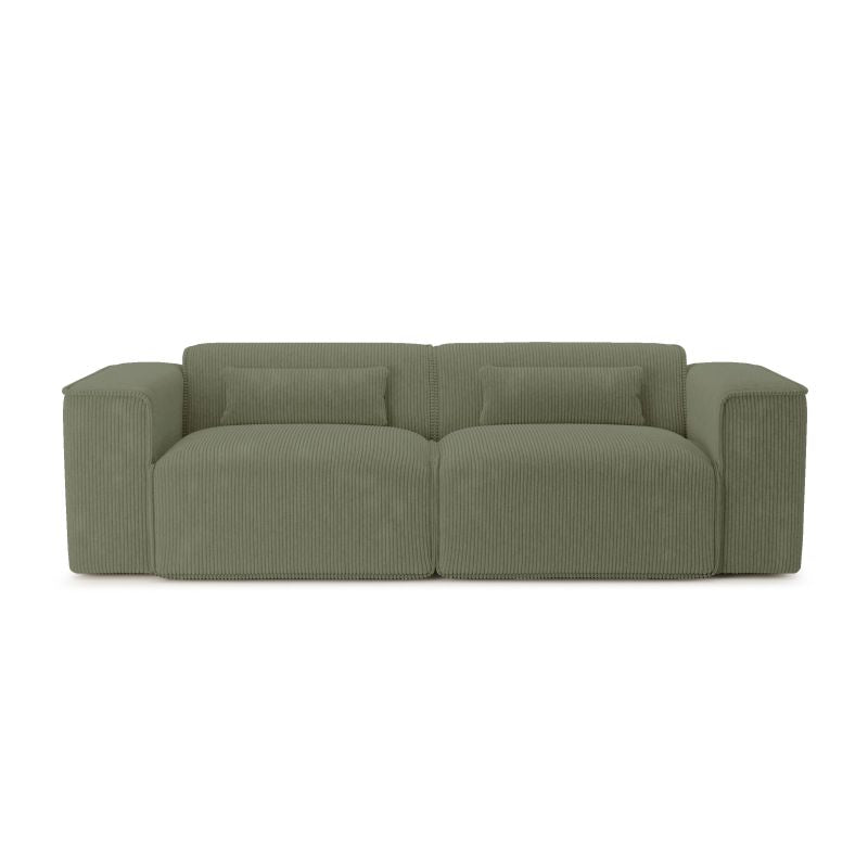 Canapé droit fixe 3 places velours côtelé vert, assise large et confortable